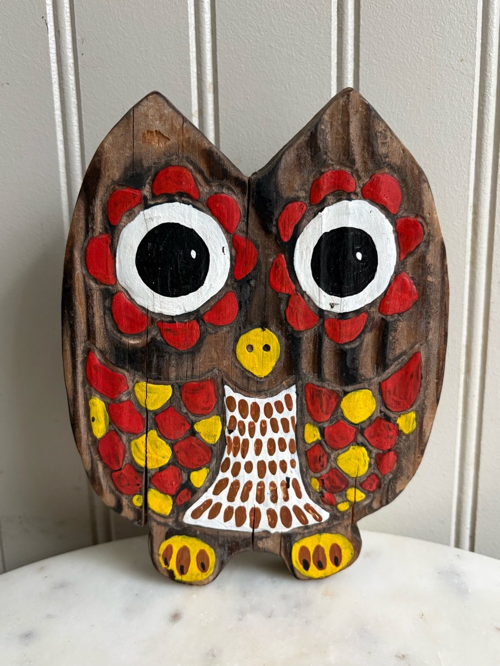 Vintage Wooden Folk Art Owl Brown & Red VTG 70s Retro Grandmacore Bohemian Boho